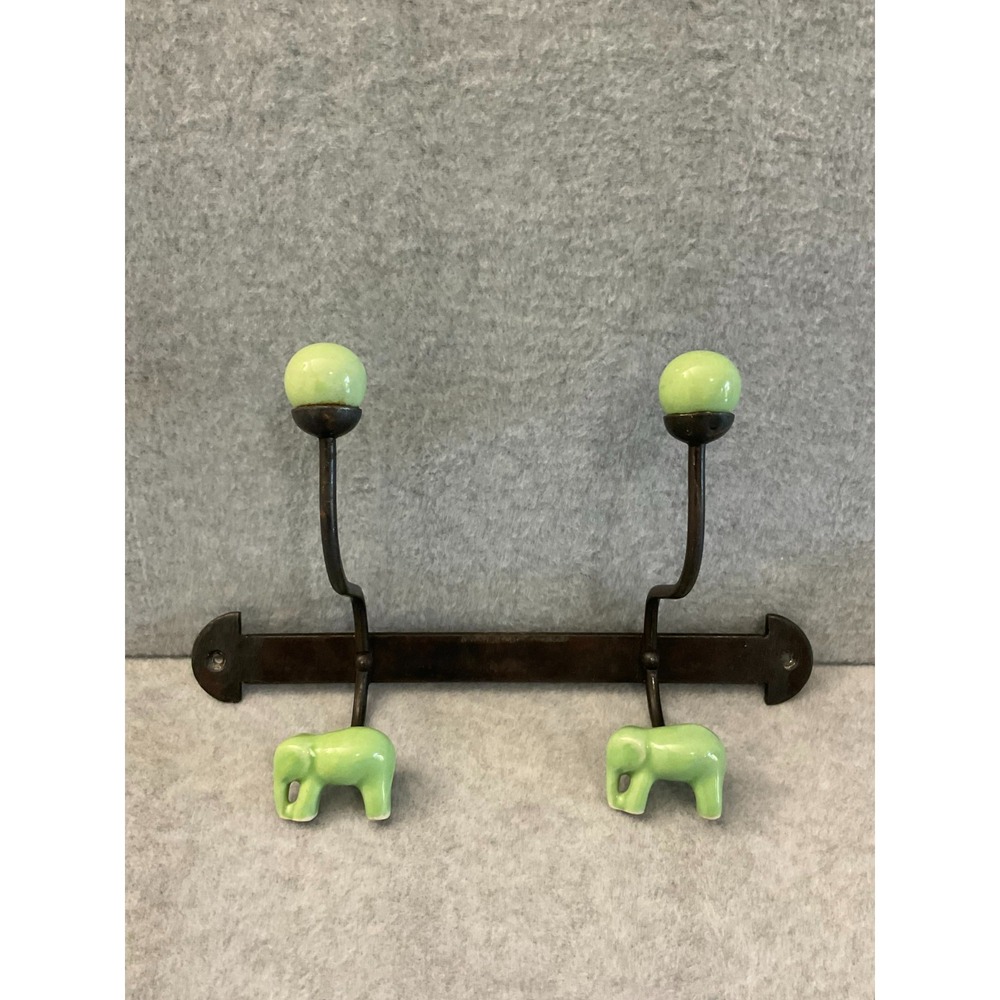 Vintage French Art Deco Wrought Iron Coat Rack Celadon Green Porcelain Elephants